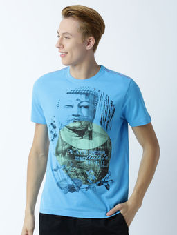 Huetrap - Mens Printed Round Neck Blue T-Shirt