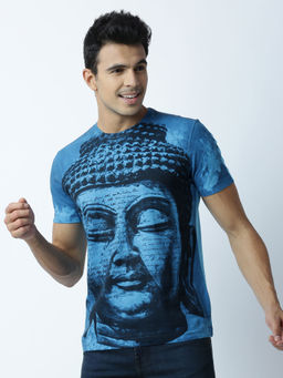 Huetrap - Mens Printed Round Neck Blue T-Shirt
