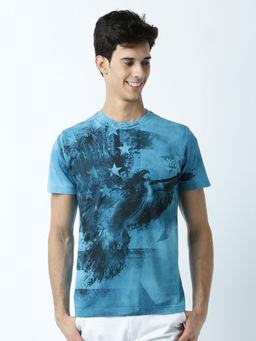 Huetrap - Mens Printed Round Neck Blue T-Shirt