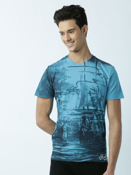 Huetrap - Mens Printed Round Neck Blue T-Shirt