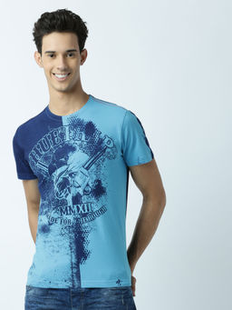 Huetrap - Mens Printed Round Neck Blue T-Shirt