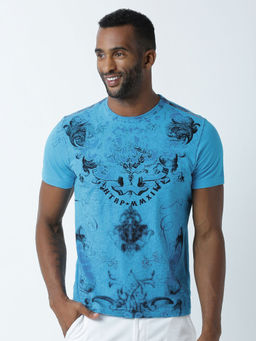 Huetrap - Mens Printed Round Neck Blue T-Shirt
