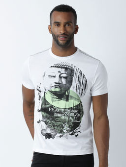 Huetrap - Mens Printed Round Neck White T-Shirt