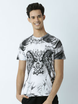 Huetrap - Mens Printed Round Neck White T-Shirt