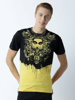 Huetrap - Mens Printed Round Neck Yellow T-Shirt