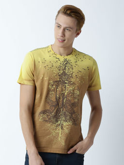 Huetrap - Mens Printed Round Neck Yellow T-Shirt