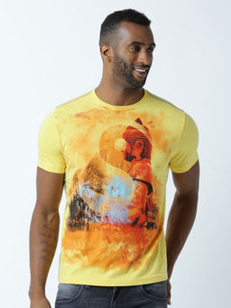 Huetrap - Mens Printed Round Neck Yellow T-Shirt