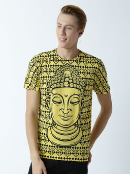 Huetrap - Mens Printed Round Neck Yellow T-Shirt