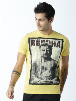 Huetrap - Mens Printed Round Neck Yellow T-Shirt