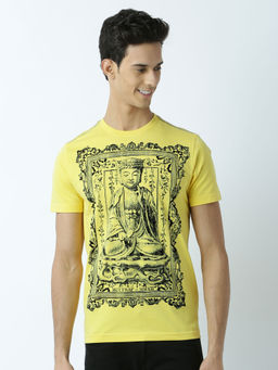 Huetrap - Mens Printed Round Neck Yellow T-Shirt