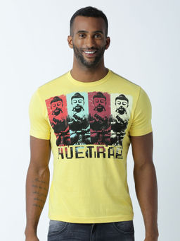 Huetrap - Mens Printed Round Neck Yellow T-Shirt