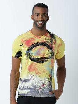 Huetrap - Mens Printed Round Neck Yellow T-Shirt