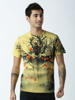 Huetrap - Mens Printed Round Neck Yellow T-Shirt