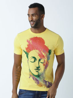 Huetrap - Mens Printed Round Neck Yellow T-Shirt