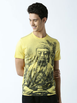 Huetrap - Mens Printed Round Neck Yellow T-Shirt
