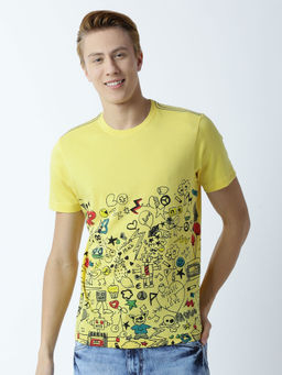 Huetrap - Mens Printed Round Neck Yellow T-Shirt