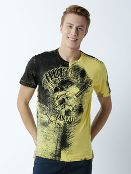 Huetrap - Mens Printed Round Neck Yellow T-Shirt