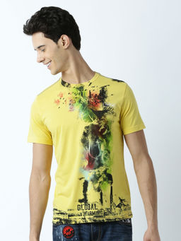 Huetrap - Mens Printed Round Neck Yellow T-Shirt