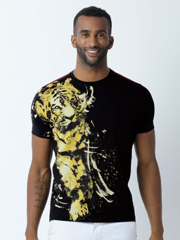 Huetrap - Mens Printed Round Neck Black T-Shirt
