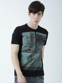 Huetrap - Mens Printed Round Neck Black T-Shirt