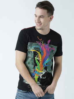 Huetrap - Mens Printed Round Neck Black T-Shirt