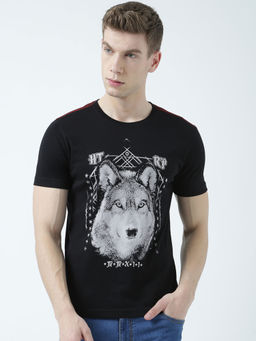 Huetrap - Mens Printed Round Neck Black T-Shirt