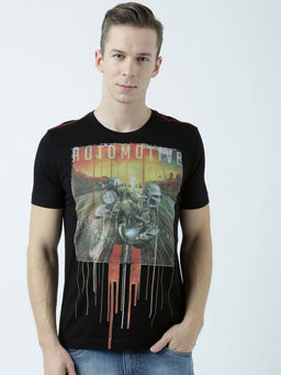 Huetrap - Mens Printed Round Neck Black T-Shirt