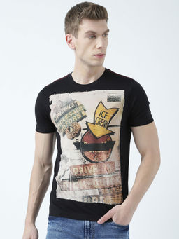 Huetrap - Mens Printed Round Neck Black T-Shirt