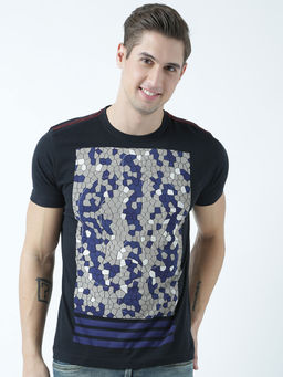 Huetrap - Mens Printed Round Neck Black T-Shirt