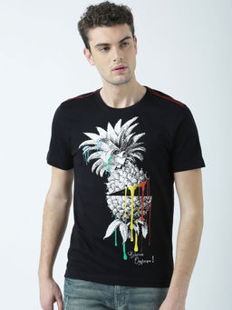 Huetrap - Mens Printed Round Neck Black T-Shirt
