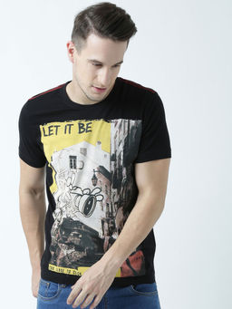 Huetrap - Mens Printed Round Neck Black T-Shirt