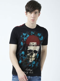 Huetrap - Mens Printed Round Neck Black T-Shirt