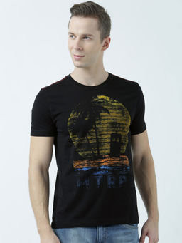 Huetrap - Mens Printed Round Neck Black T-Shirt