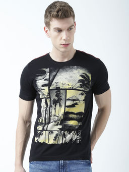 Huetrap - Mens Printed Round Neck Black T-Shirt