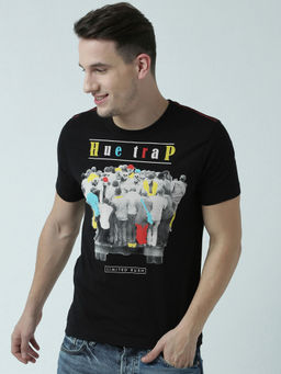 Huetrap - Mens Printed Round Neck Black T-Shirt