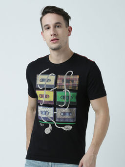 Huetrap - Mens Printed Round Neck Black T-Shirt