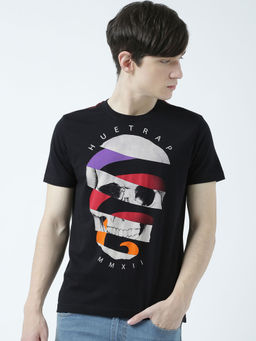 Huetrap - Mens Printed Round Neck Black T-Shirt