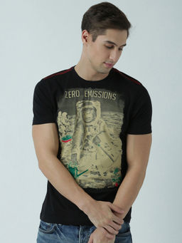 Huetrap - Mens Printed Round Neck Black T-Shirt