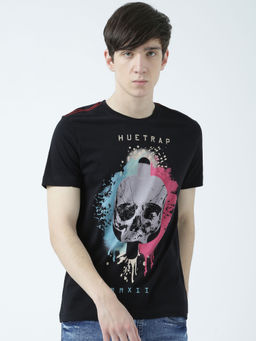 Huetrap - Mens Printed Round Neck Black T-Shirt