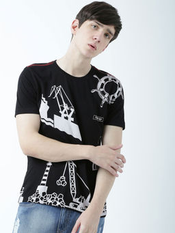 Huetrap - Mens Printed Round Neck Black T-Shirt
