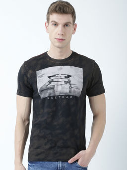Huetrap - Mens Printed Round Neck Black T-Shirt