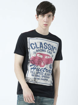 Huetrap - Mens Printed Round Neck Black T-Shirt