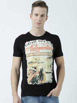 Huetrap - Mens Printed Round Neck Black T-Shirt