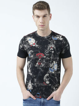 Huetrap - Mens Printed Round Neck Black T-Shirt