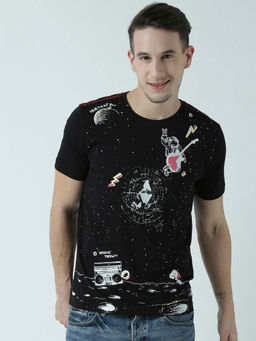 Huetrap - Mens Printed Round Neck Black T-Shirt