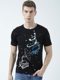 Huetrap - Mens Printed Round Neck Black T-Shirt