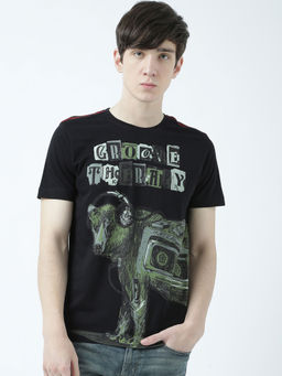 Huetrap - Mens Printed Round Neck Black T-Shirt