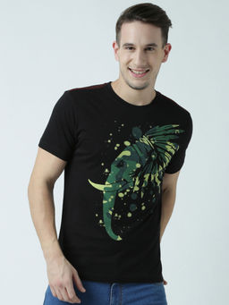 Huetrap - Mens Printed Round Neck Black T-Shirt