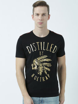 Huetrap - Mens Printed Round Neck Black T-Shirt