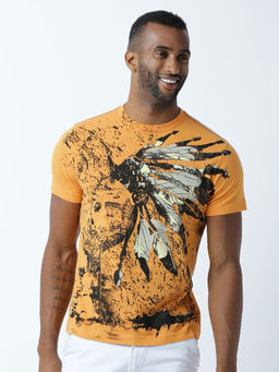 Huetrap - Mens Printed Round Neck Mustard T-Shirt